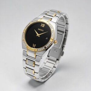 Seiko Two-Tone Silver and Gold Black Dial Watch